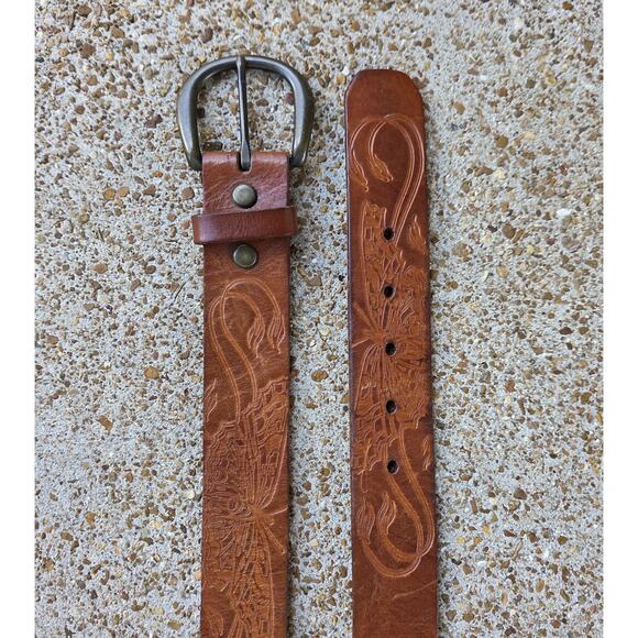 Vintage Fossil Butterfly Embossed Leather Belt L Boho Western Cognac Brass main image 6